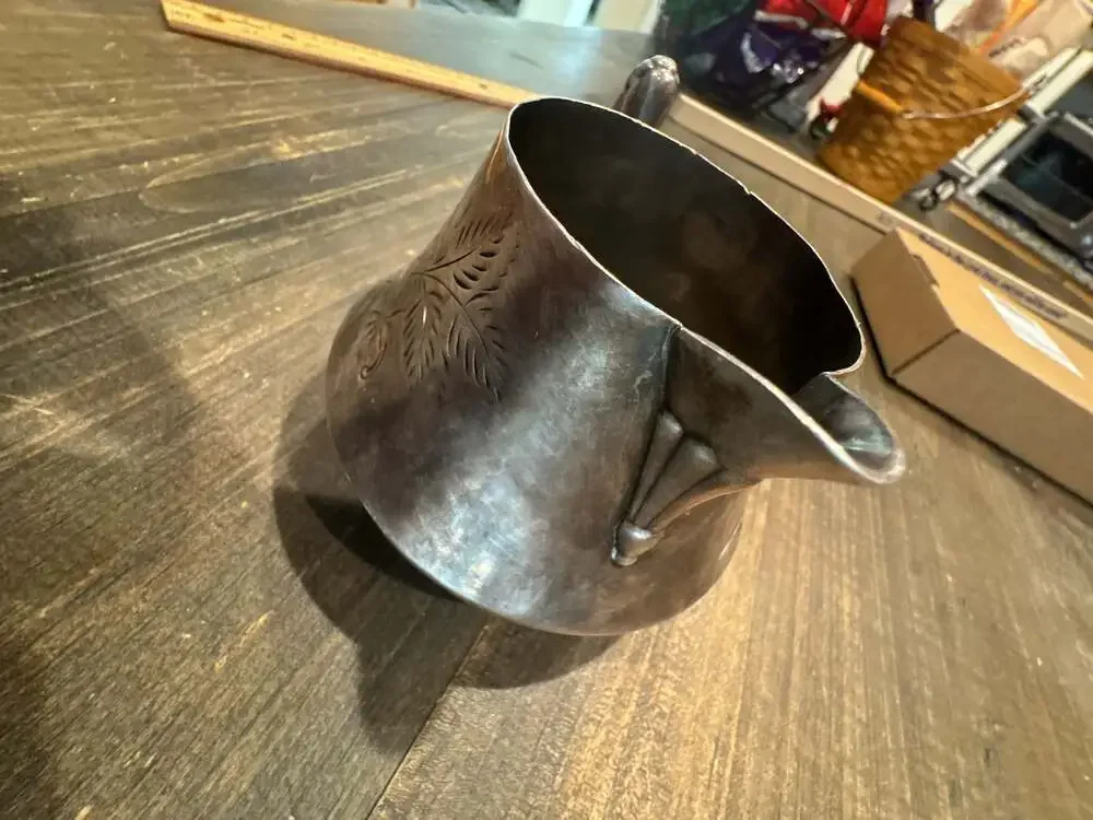 Antique Silver Plated Creamer Pitcher with Etched Floral Design and Ornate Handl